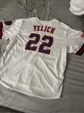 White Yelich #22 Men's Jersey with Red & Blue Star Numbering